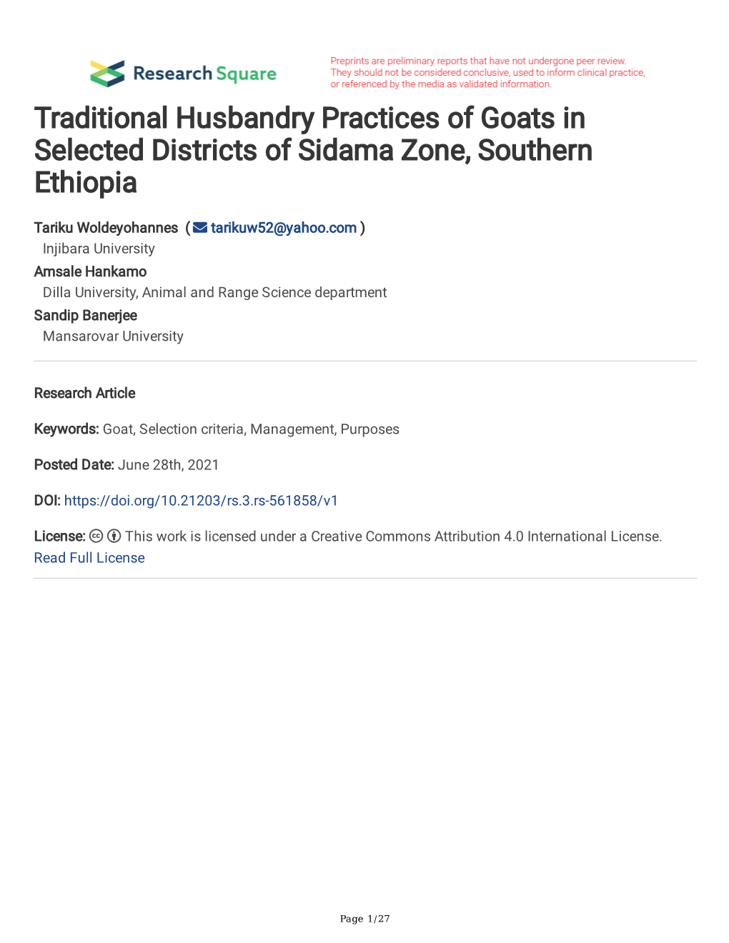 Traditional Husbandry Practices of Goats in Selected Districts of Sidama Zone, Southern Ethiopia