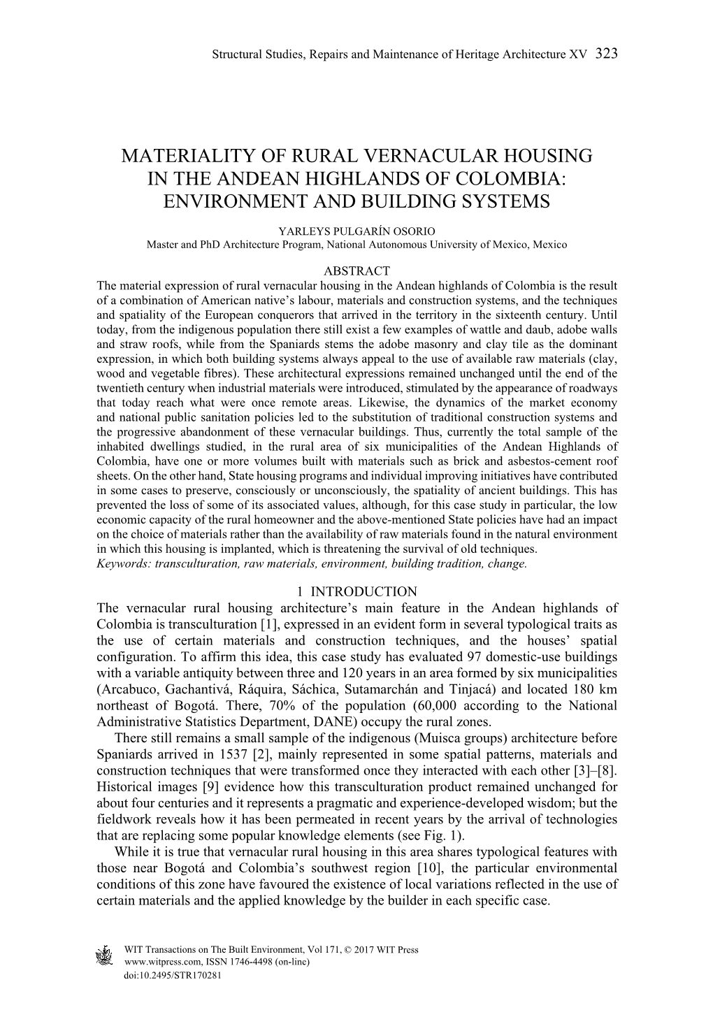 Materiality of Rural Vernacular Housing in the Andean Highlands of Colombia: Environment and Building Systems