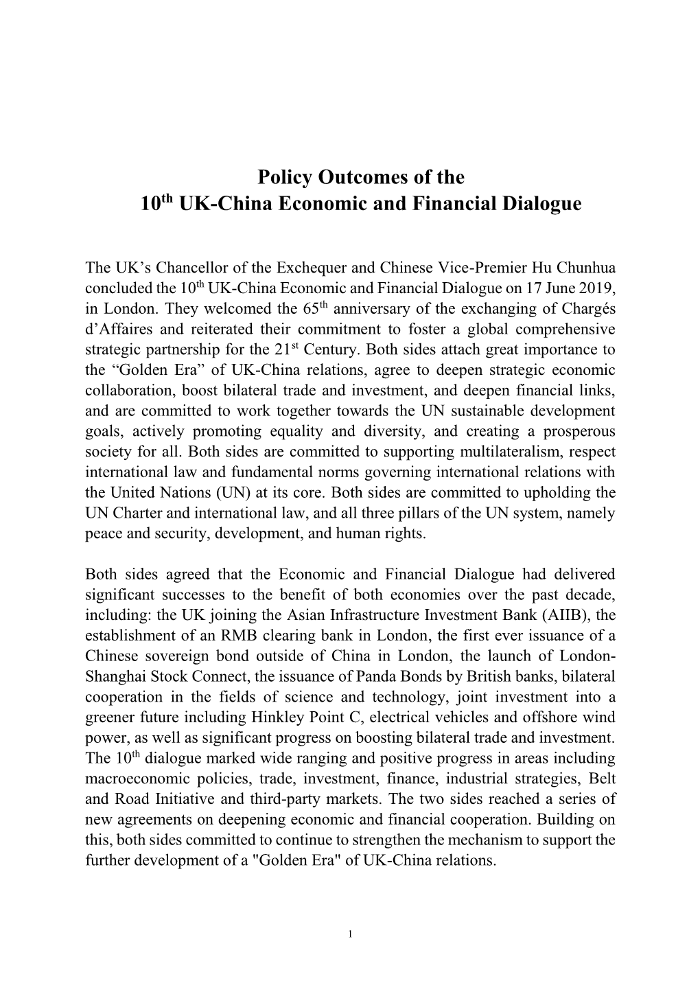 Policy Outcomes of the 10Th UK-China Economic and Financial Dialogue