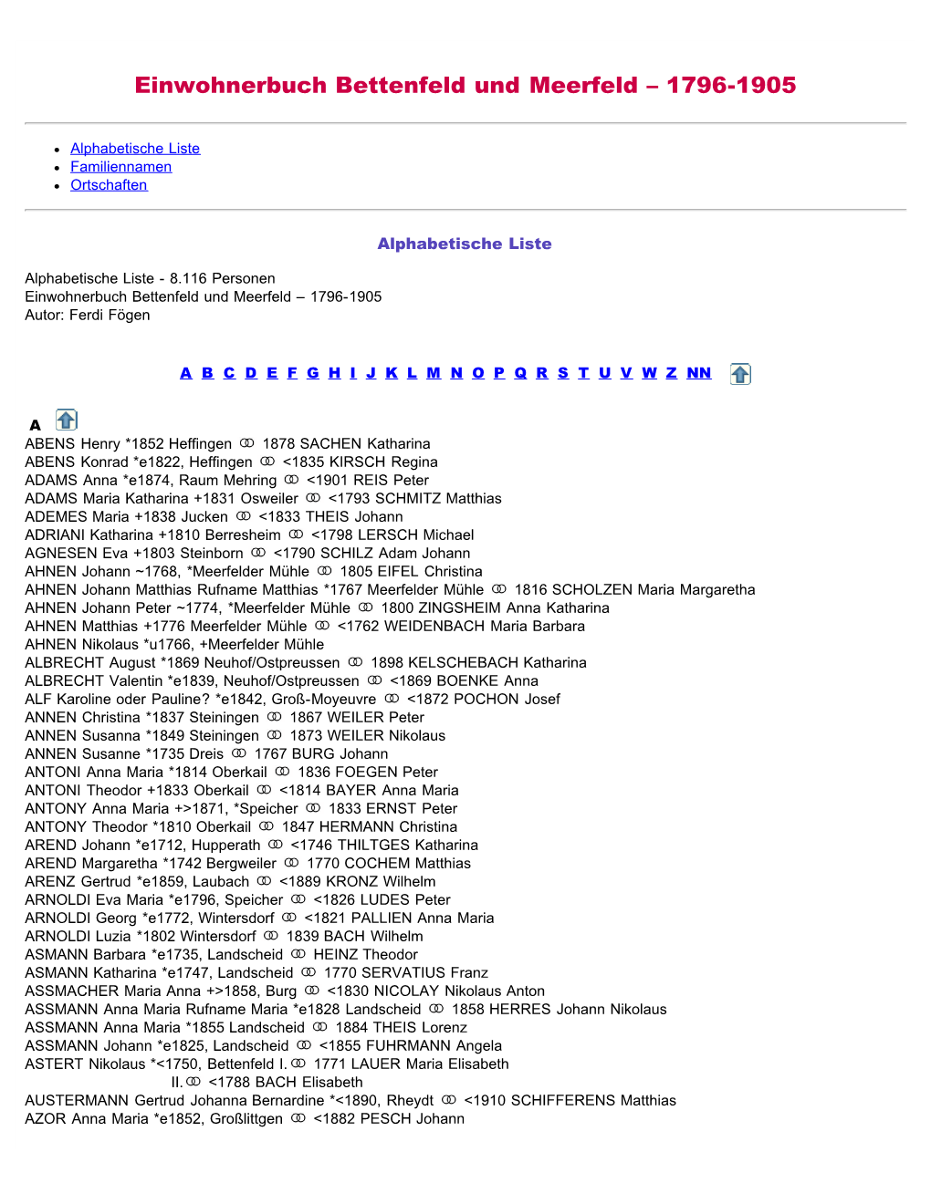 Einwohnerbuch Bettenfeld Und Meerfeld – 1796-1905
