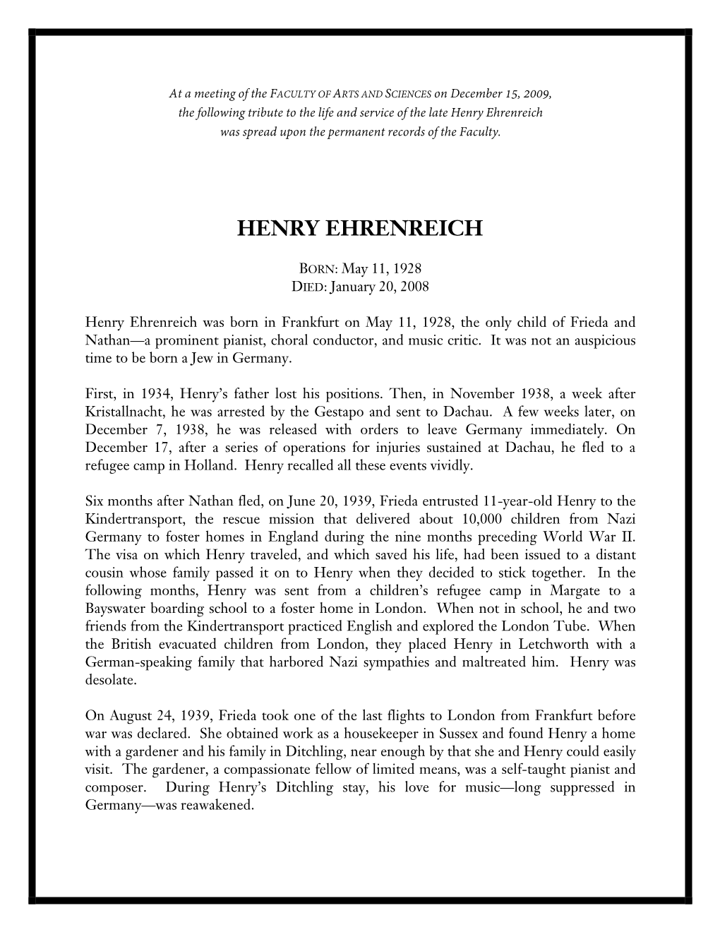 Ehrenreich Was Spread Upon the Permanent Records of the Faculty