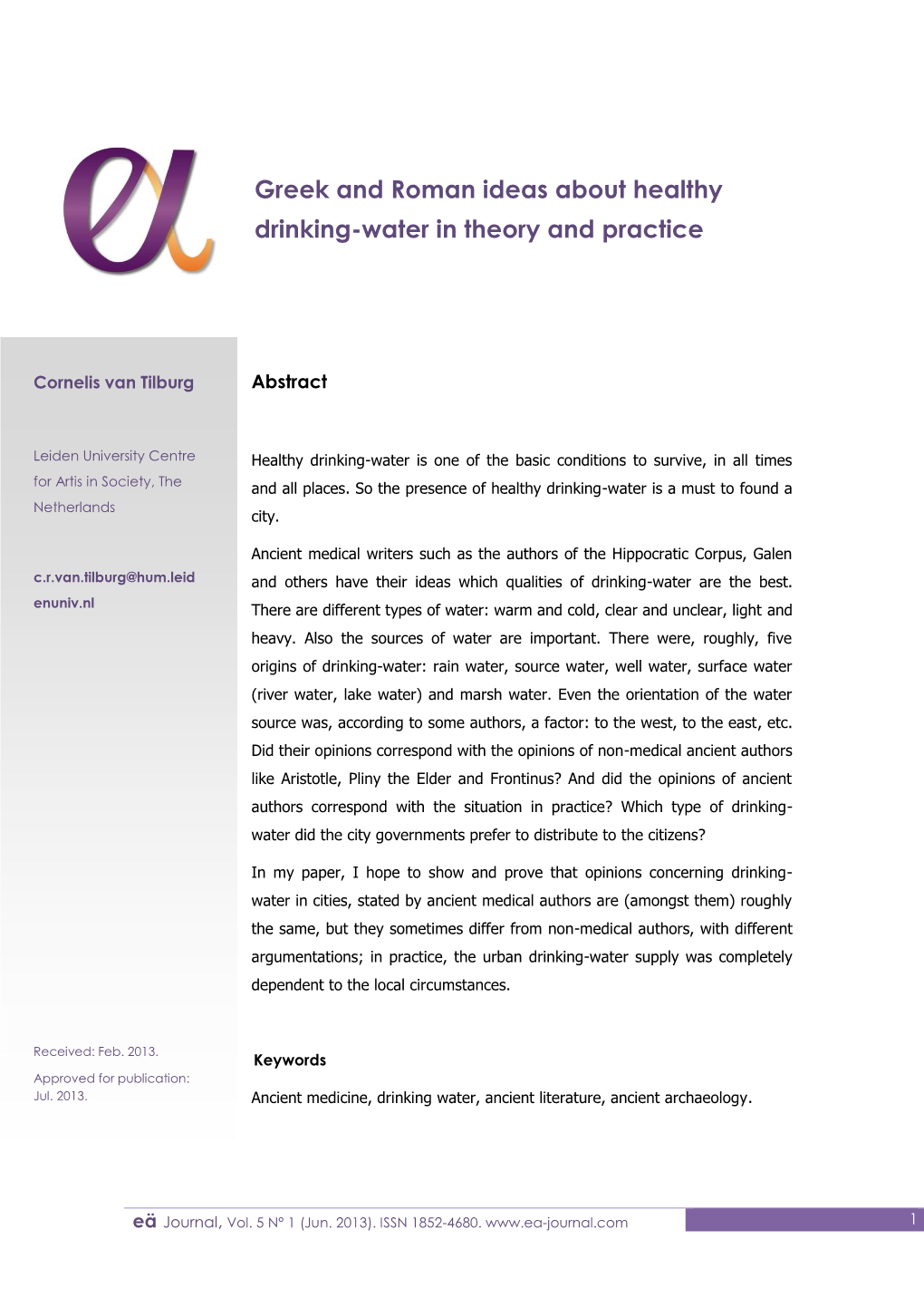 Greek and Roman Ideas About Healthy Drinking-Water in Theory and Practice