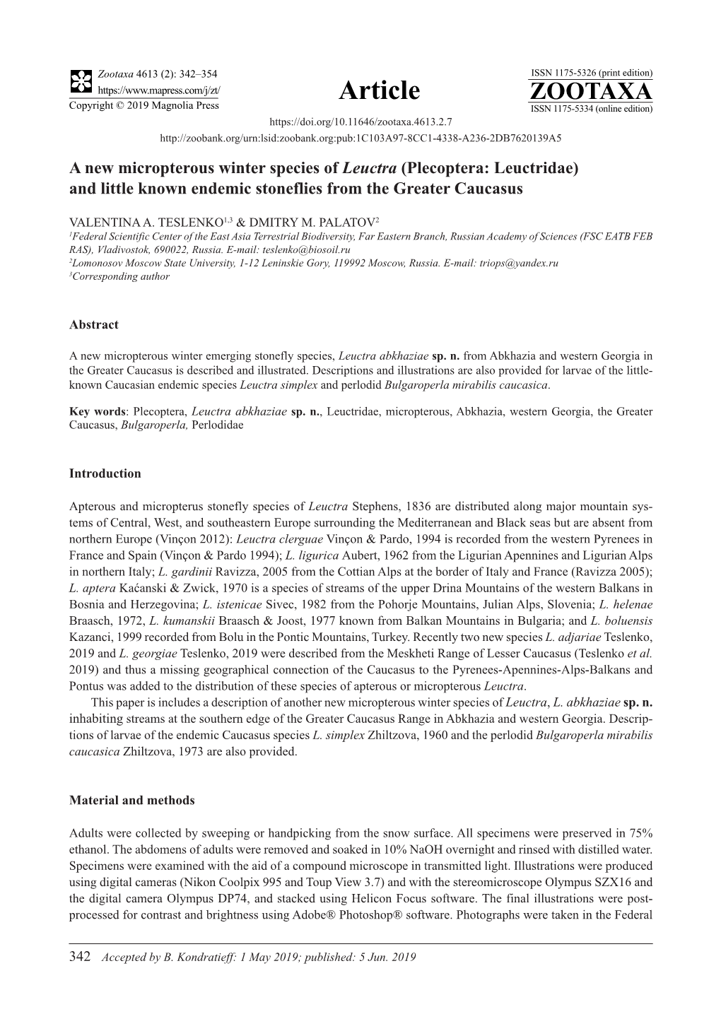 A New Micropterous Winter Species of Leuctra (Plecoptera: Leuctridae) and Little Known Endemic Stoneflies from the Greater Caucasus