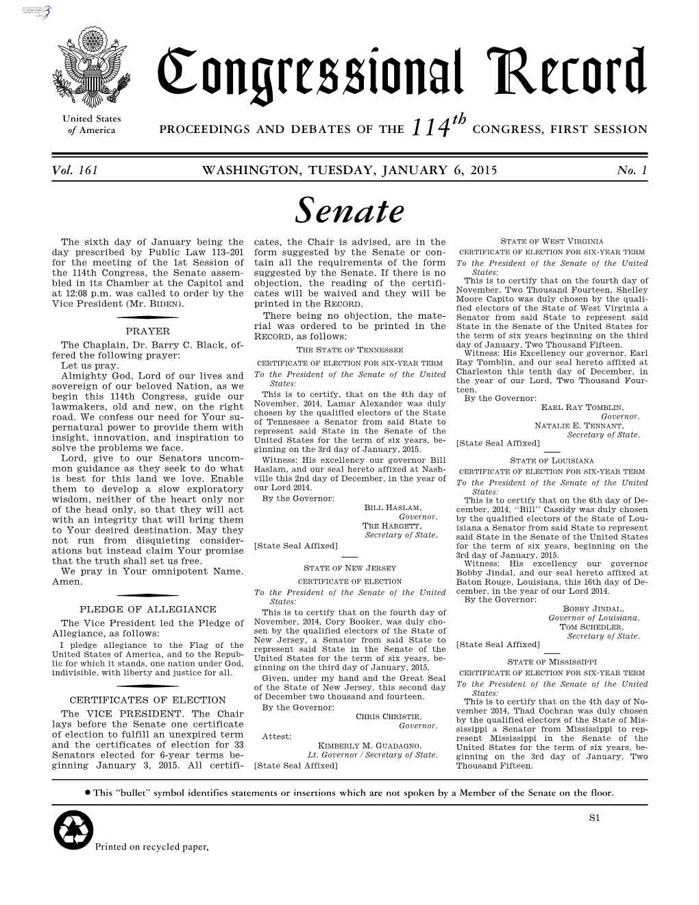 Congressional Record United States Th of America PROCEEDINGS and DEBATES of the 114 CONGRESS, FIRST SESSION