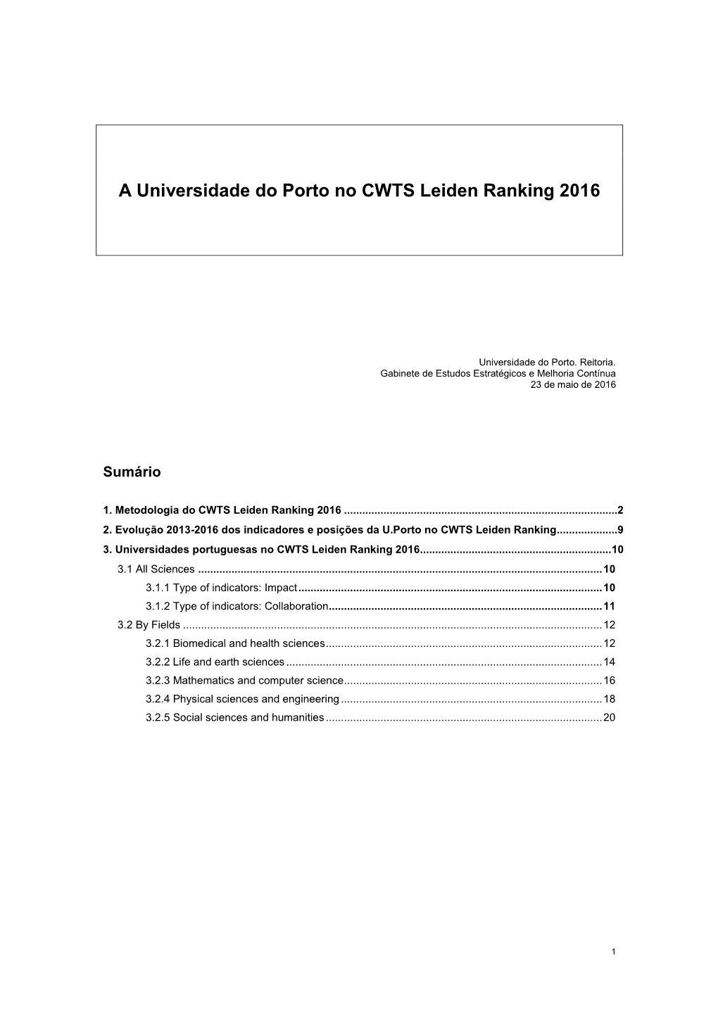 A Universidade Do Porto No CWTS Leiden Ranking 2016