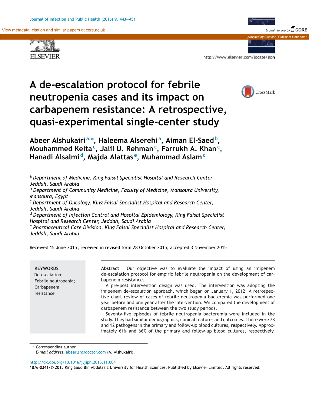 A De-Escalation Protocol for Febrile Neutropenia Cases and Its