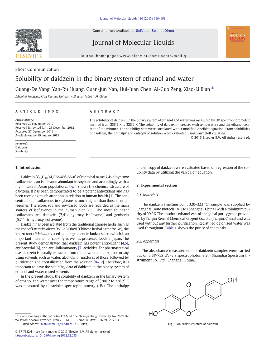 Solubility of Daidzein in the Binary System of Ethanol and Water