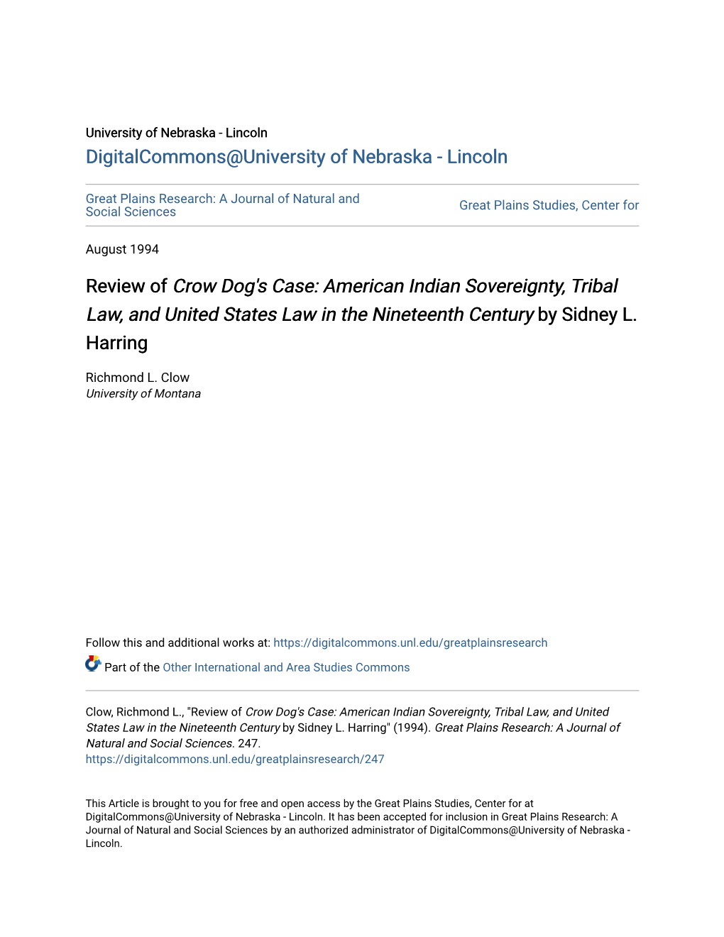 Review of Crow Dog's Case: American Indian Sovereignty, Tribal Law, and United States Law in the Nineteenth Century by Sidney L