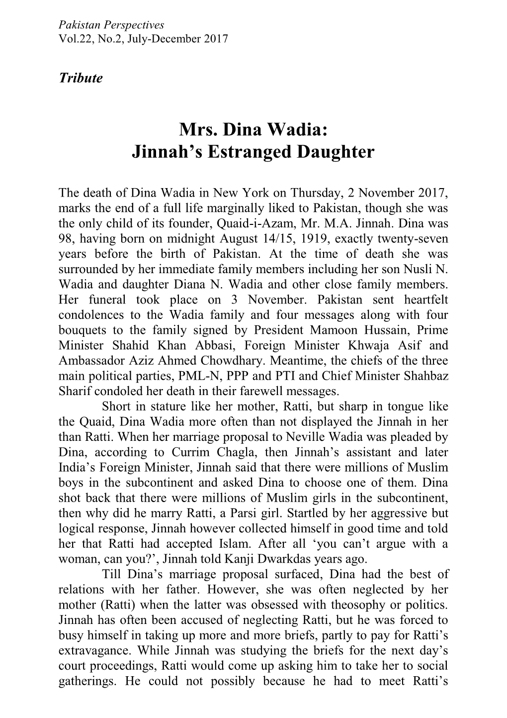Mrs. Dina Wadia: Jinnah’S Estranged Daughter