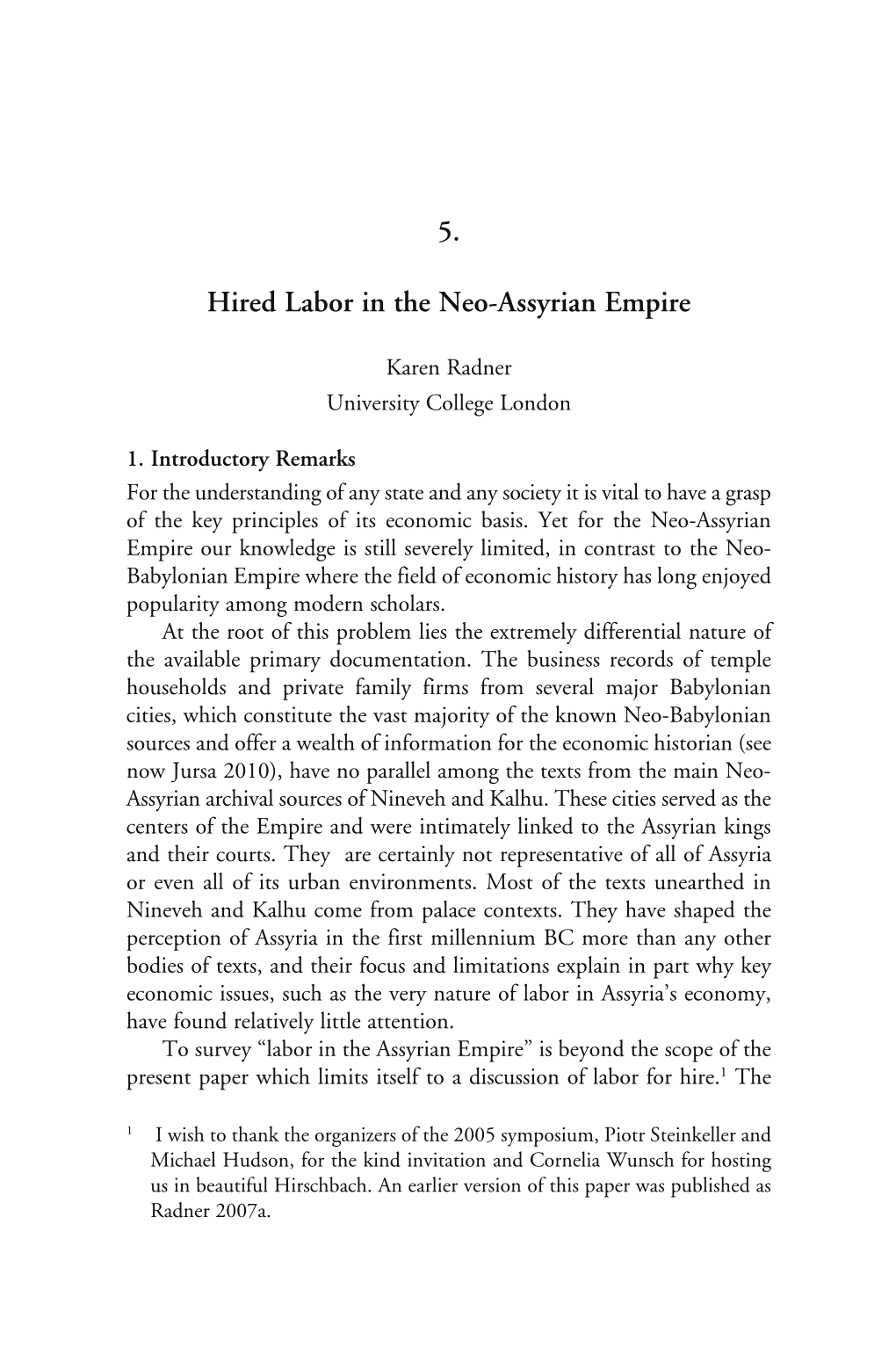 5. Hired Labor in the Neo-Assyrian Empire Karen Radner 329 6