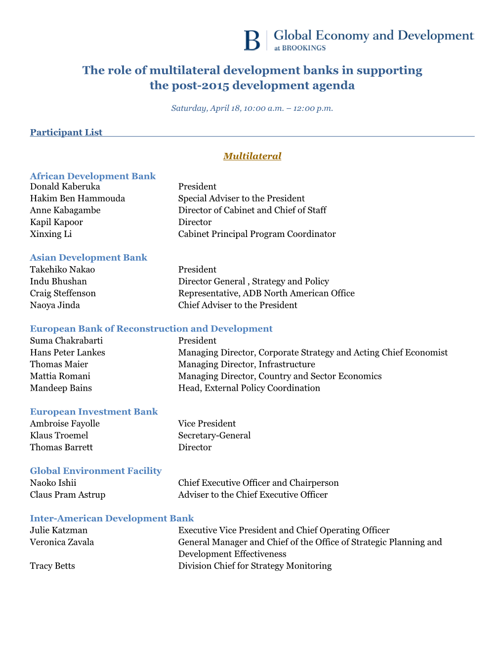The Role of Multilateral Development Banks in Supporting the Post-2015 Development Agenda