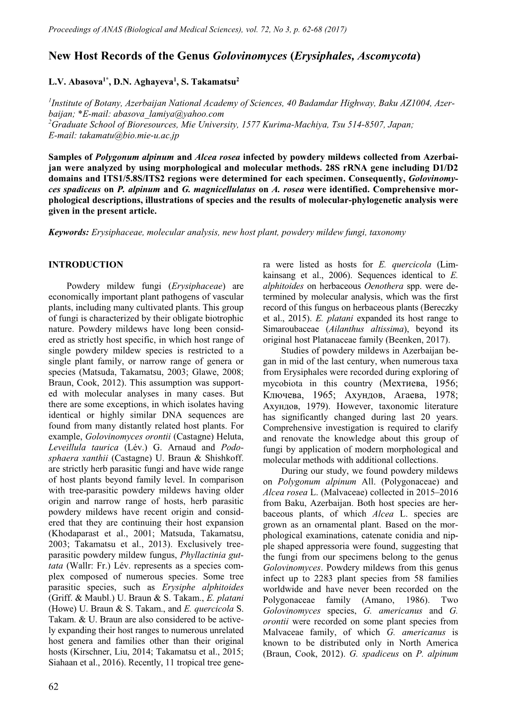 New Host Records of the Genus Golovinomyces (Erysiphales, Ascomycota)