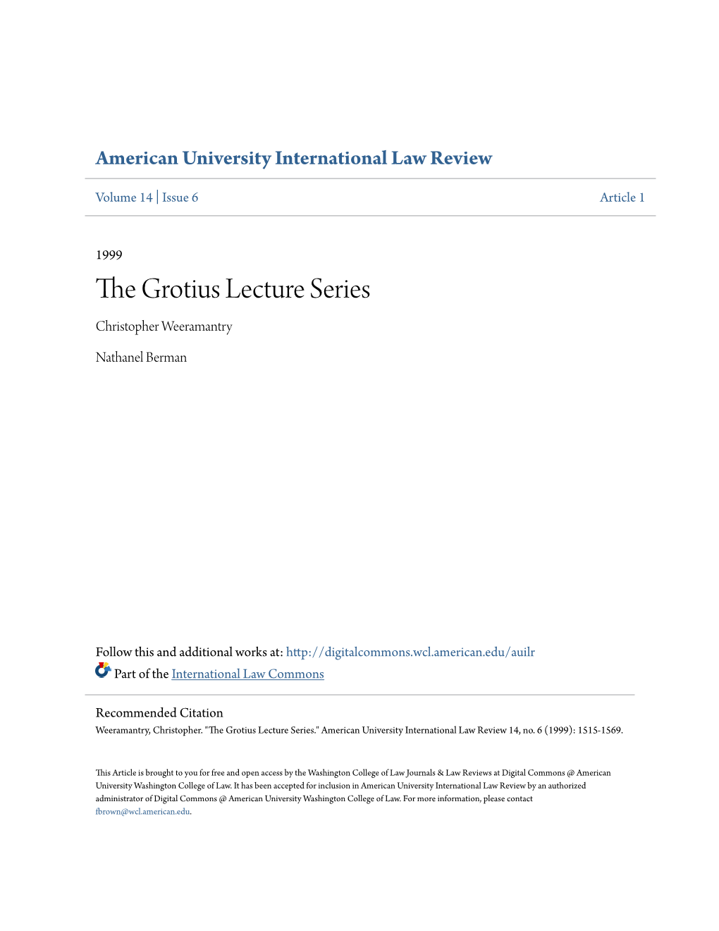 The Grotius Lecture Series Christopher Weeramantry