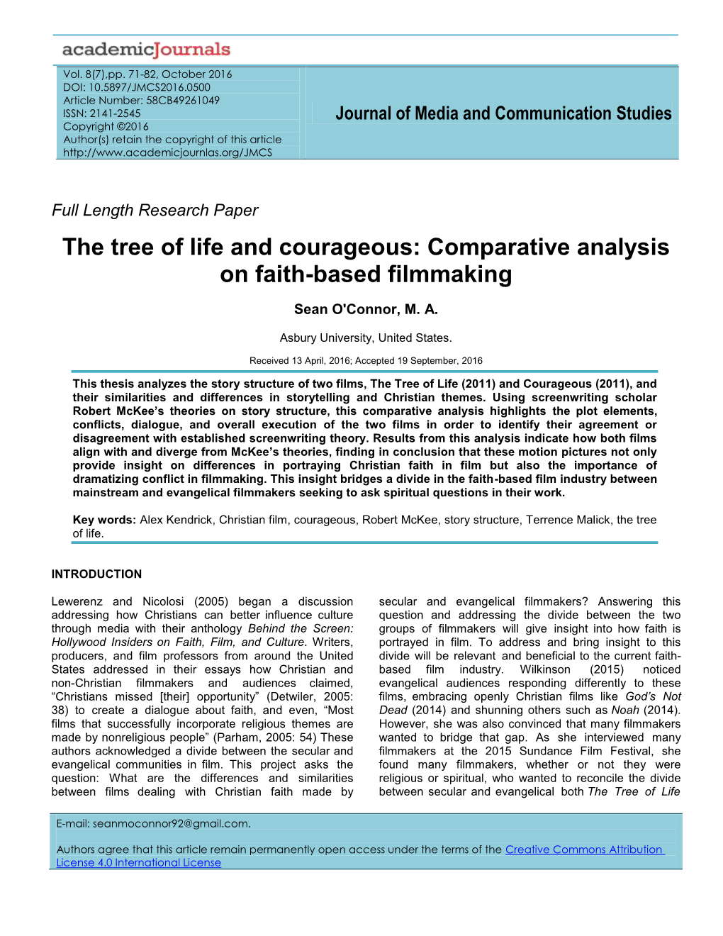 The Tree of Life and Courageous: Comparative Analysis on Faith-Based Filmmaking