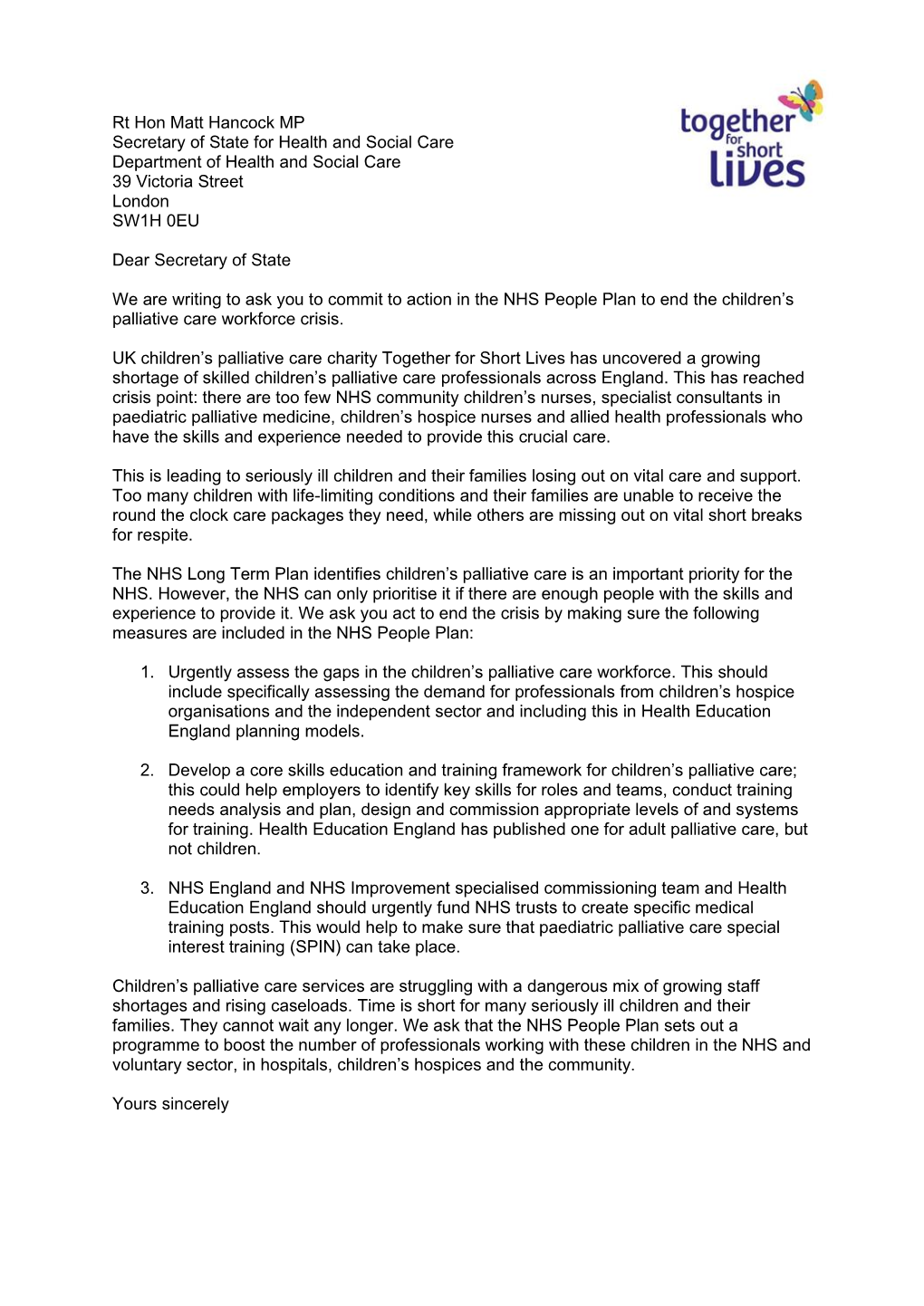 Open Letter to Health Secretary Matt Hancock