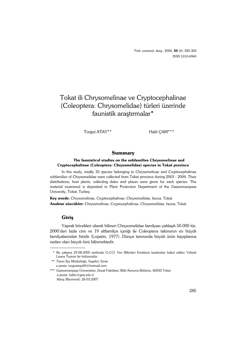 Coleoptera: Chrysomelidae) Türleri Üzerinde ٭Faunistik Araştırmalar