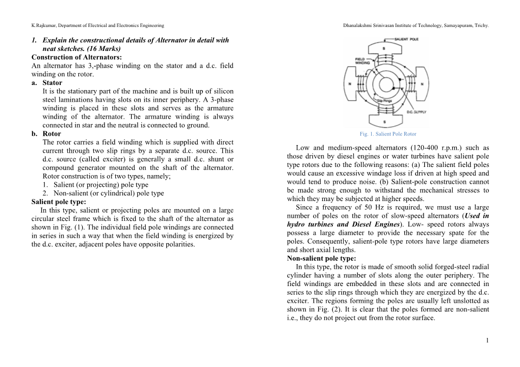 1. Explain the Constructional Details of Alternator in Detail with Neat Sketches