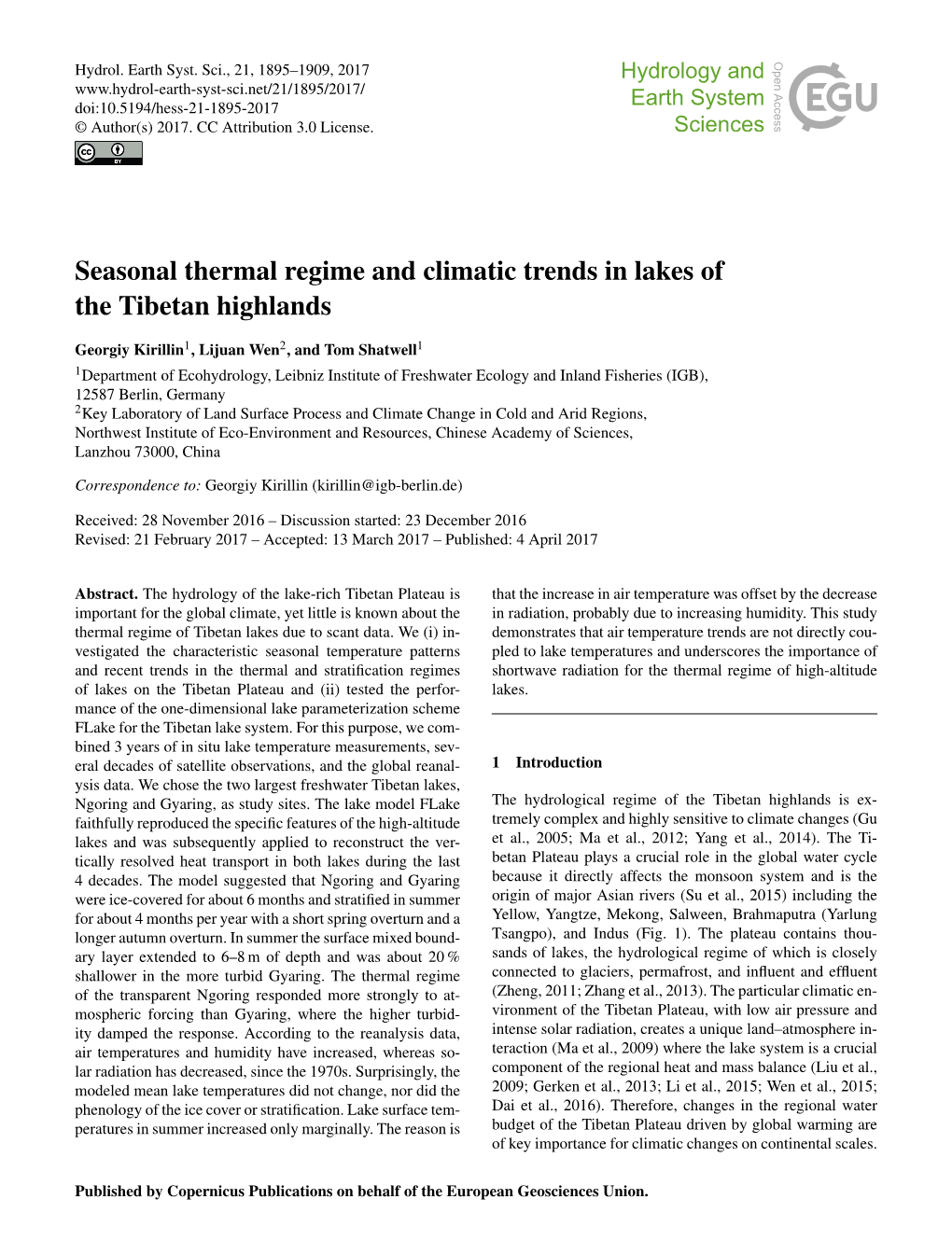 Article Were Partially Covered by the Open Access Fund of the Largest Freshwater Lakes of the Tibetan Plateau