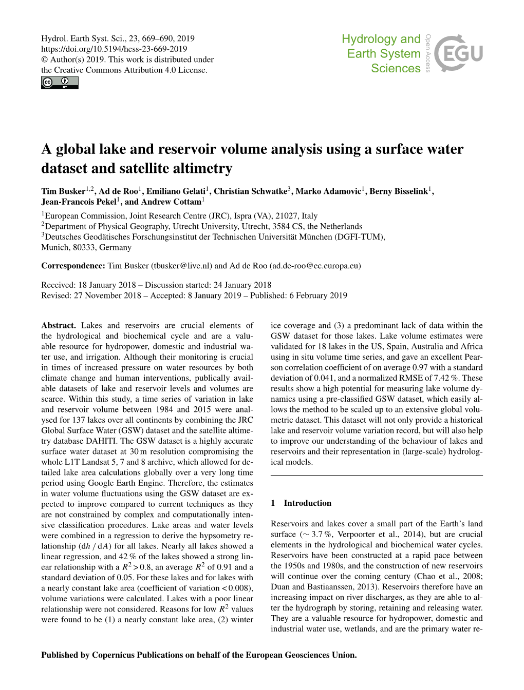 A Global Lake and Reservoir Volume Analysis Using a Surface Water Dataset and Satellite Altimetry