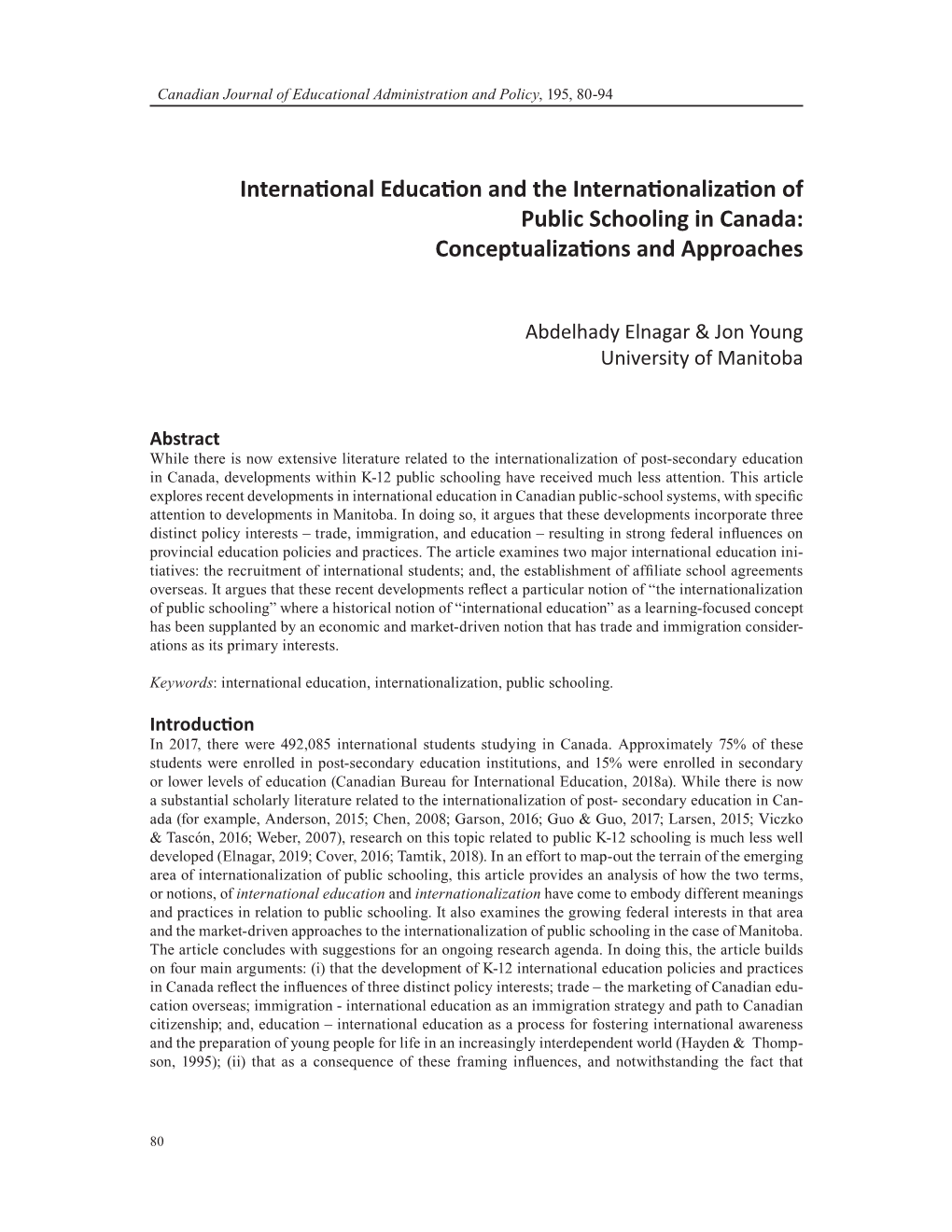 International Education and the Internationalization of Public Schooling in Canada: Conceptualizations and Approaches