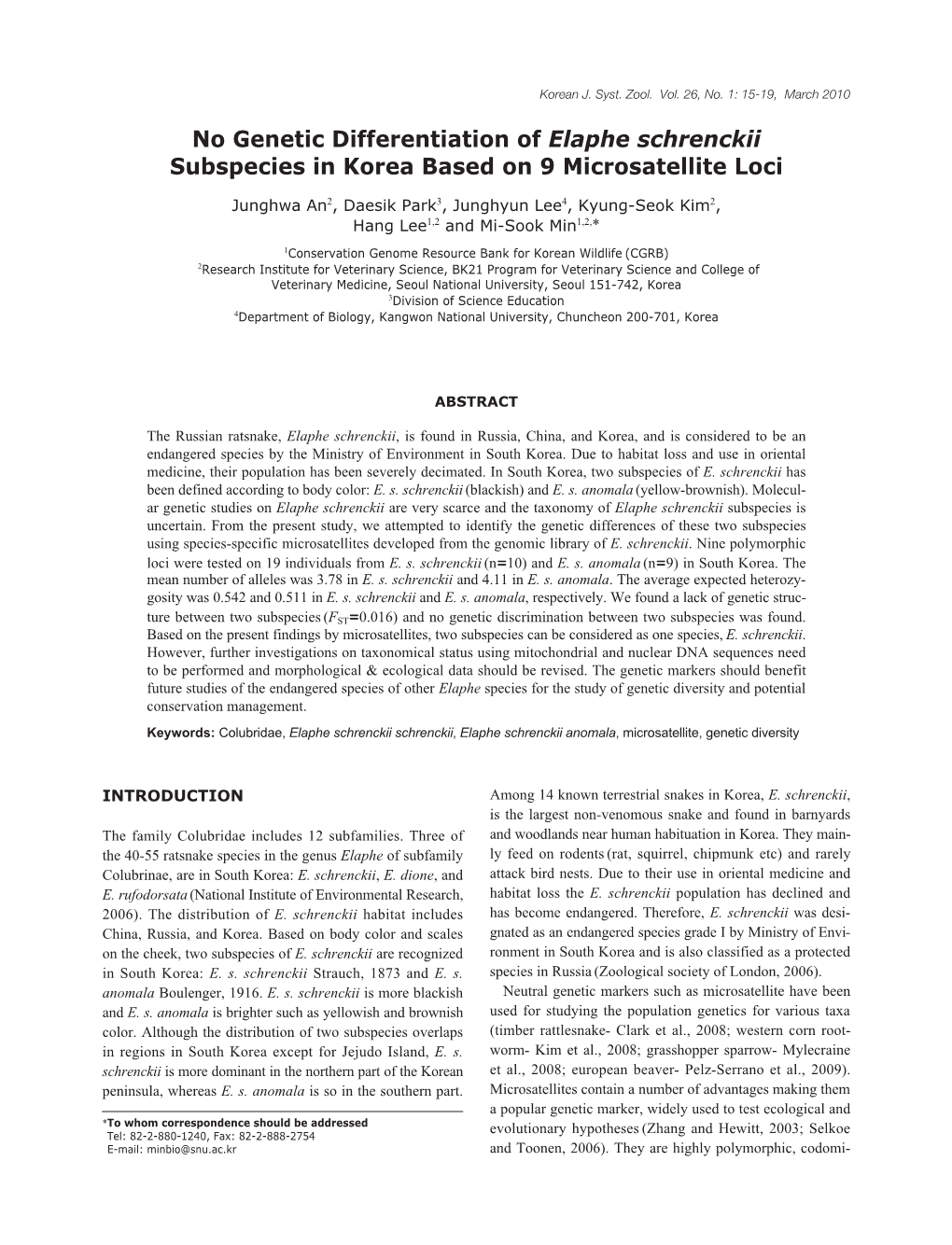 No Genetic Differentiation of Elaphe Schrenckii Subspecies in Korea Based on 9 Microsatellite Loci