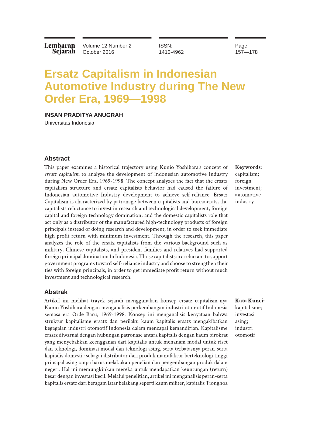 Ersatz Capitalism in Indonesian Automotive Industry During the New Order Era, 1969—1998