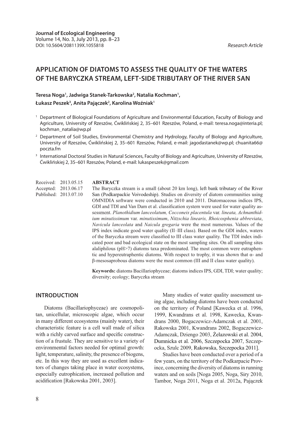 Application of Diatoms to Assess the Quality of the Waters of the Baryczka Stream, Left-Side Tributary of the River San