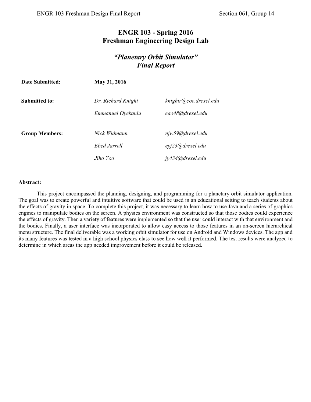 Planetary Orbit Simulator” Final Report