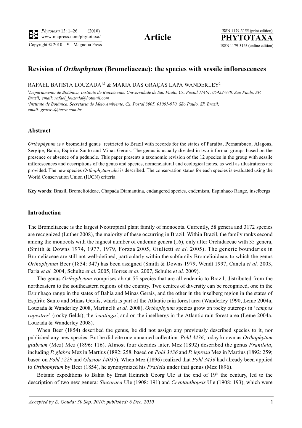 Revision of Orthophytum (Bromeliaceae): the Species with Sessile Inflorescences