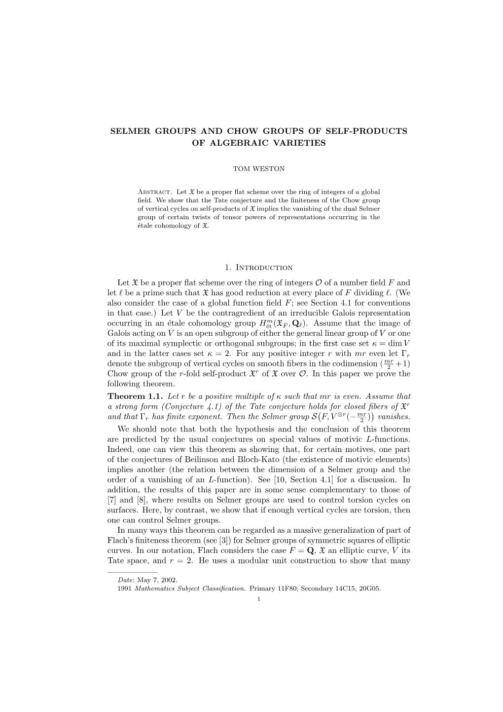 Selmer Groups and Chow Groups of Self-Products of Algebraic Varieties