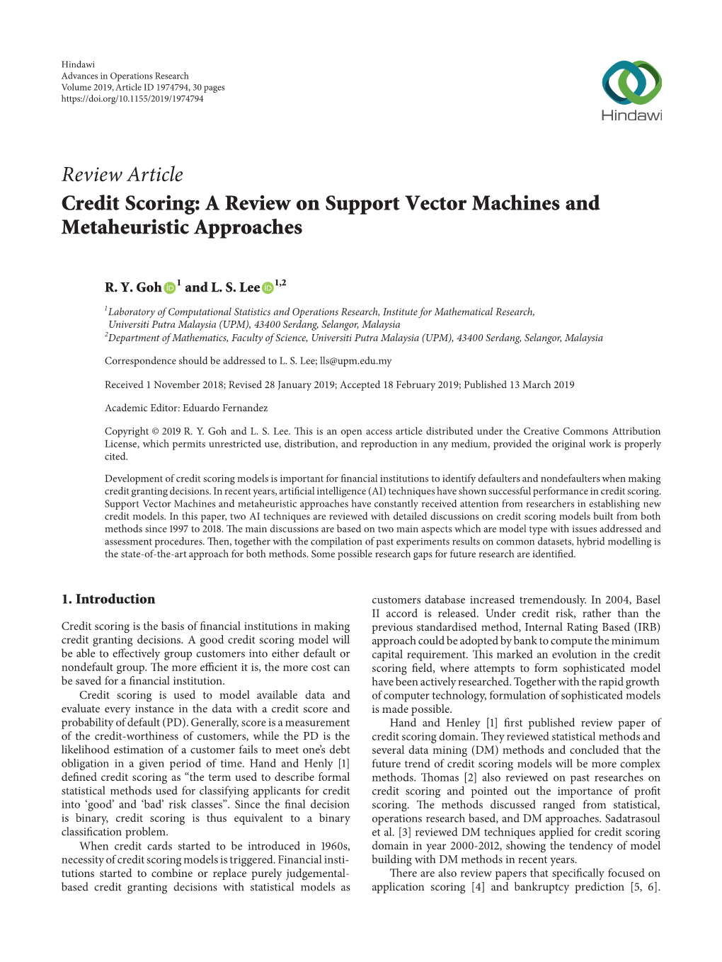 Credit Scoring: a Review on Support Vector Machines and Metaheuristic Approaches