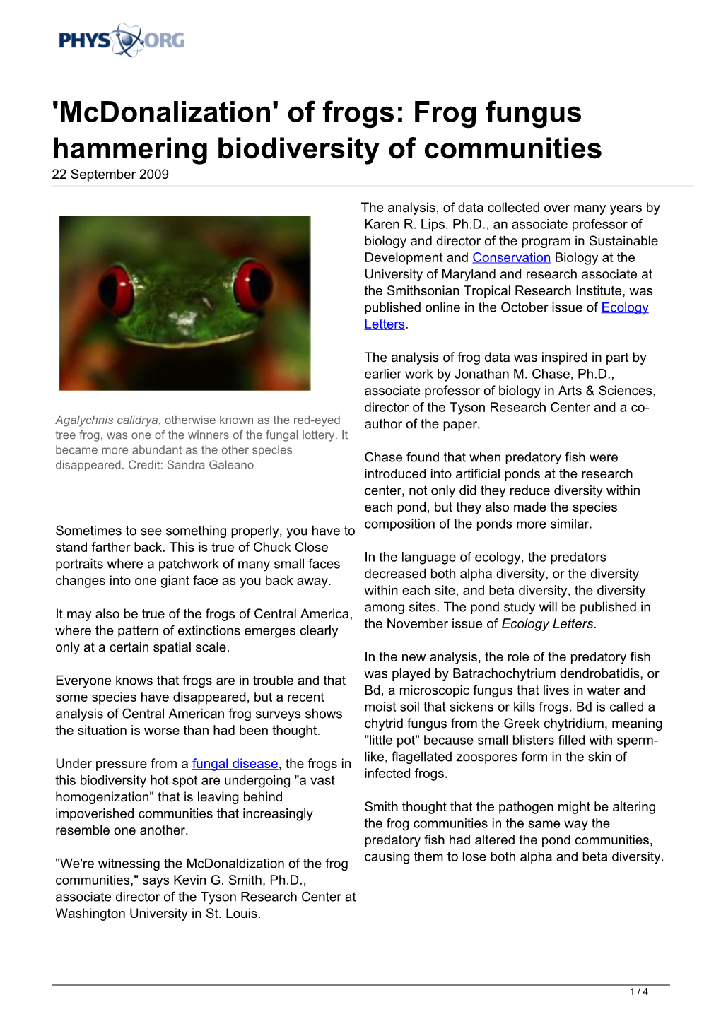 Of Frogs: Frog Fungus Hammering Biodiversity of Communities 22 September 2009