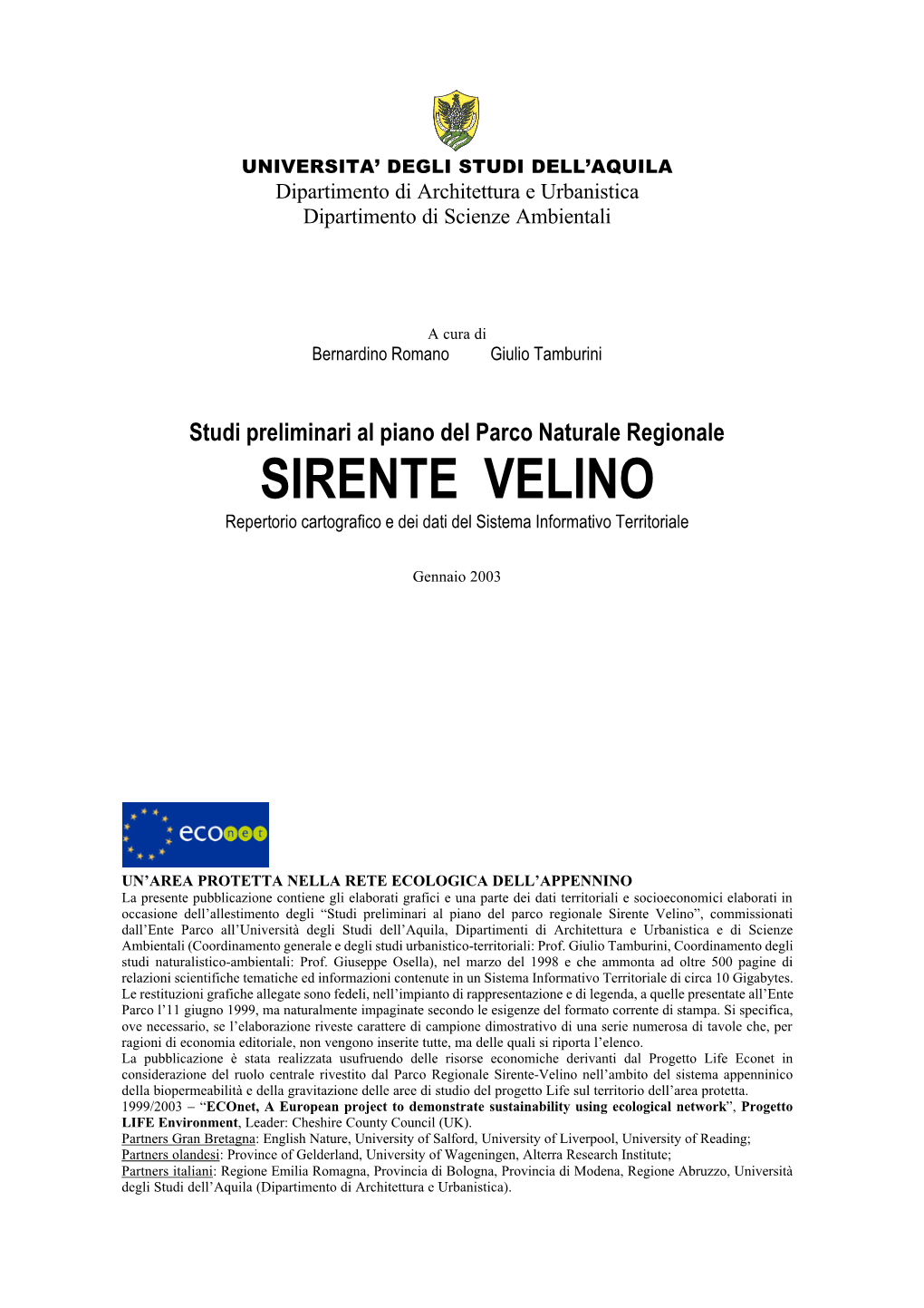 SIRENTE VELINO Repertorio Cartografico E Dei Dati Del Sistema Informativo Territoriale