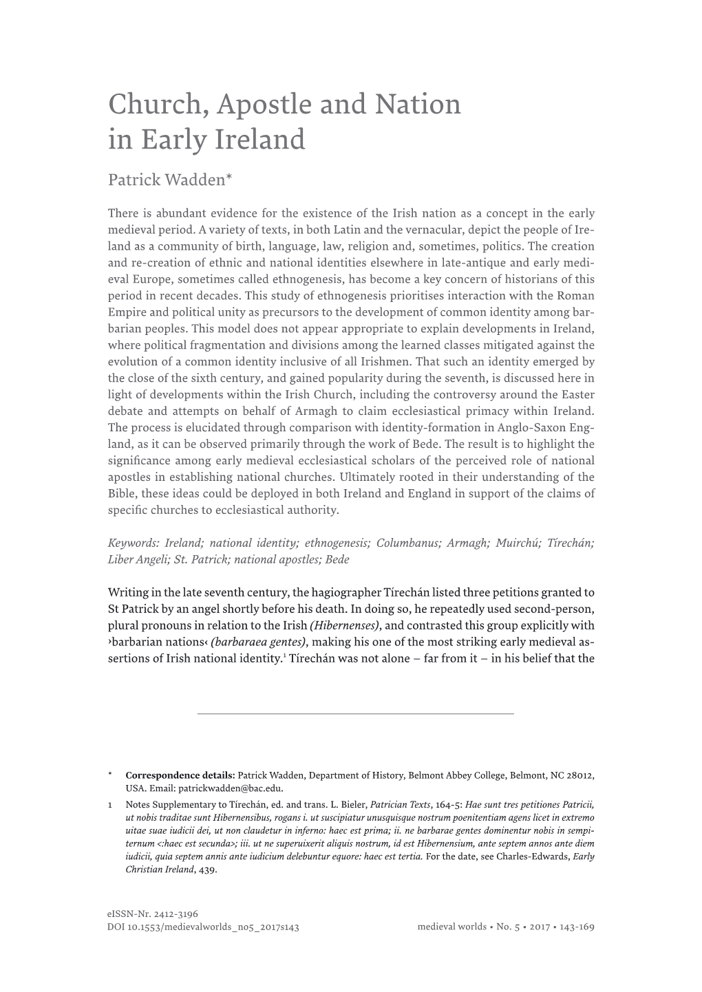 Church, Apostle and Nation in Early Ireland