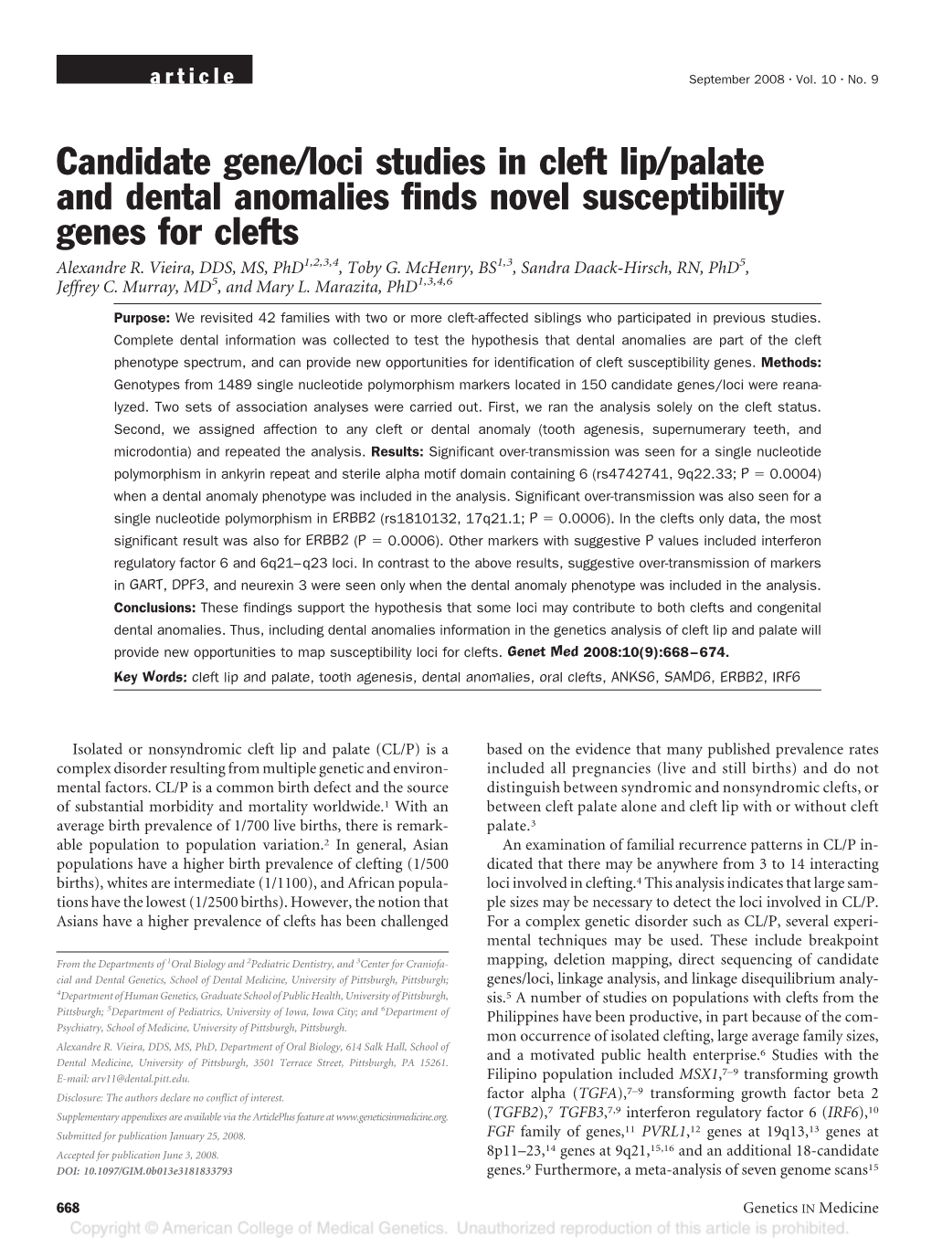 Candidate Gene/Loci Studies in Cleft Lip/Palate and Dental Anomalies Finds Novel Susceptibility Genes for Clefts Alexandre R