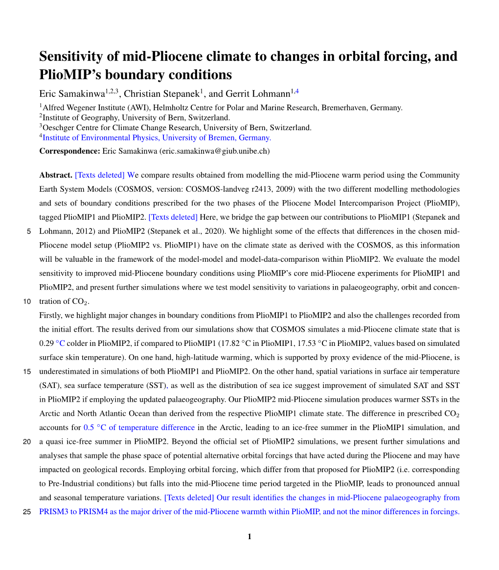 Sensitivity of Mid-Pliocene Climate to Changes in Orbital Forcing, And