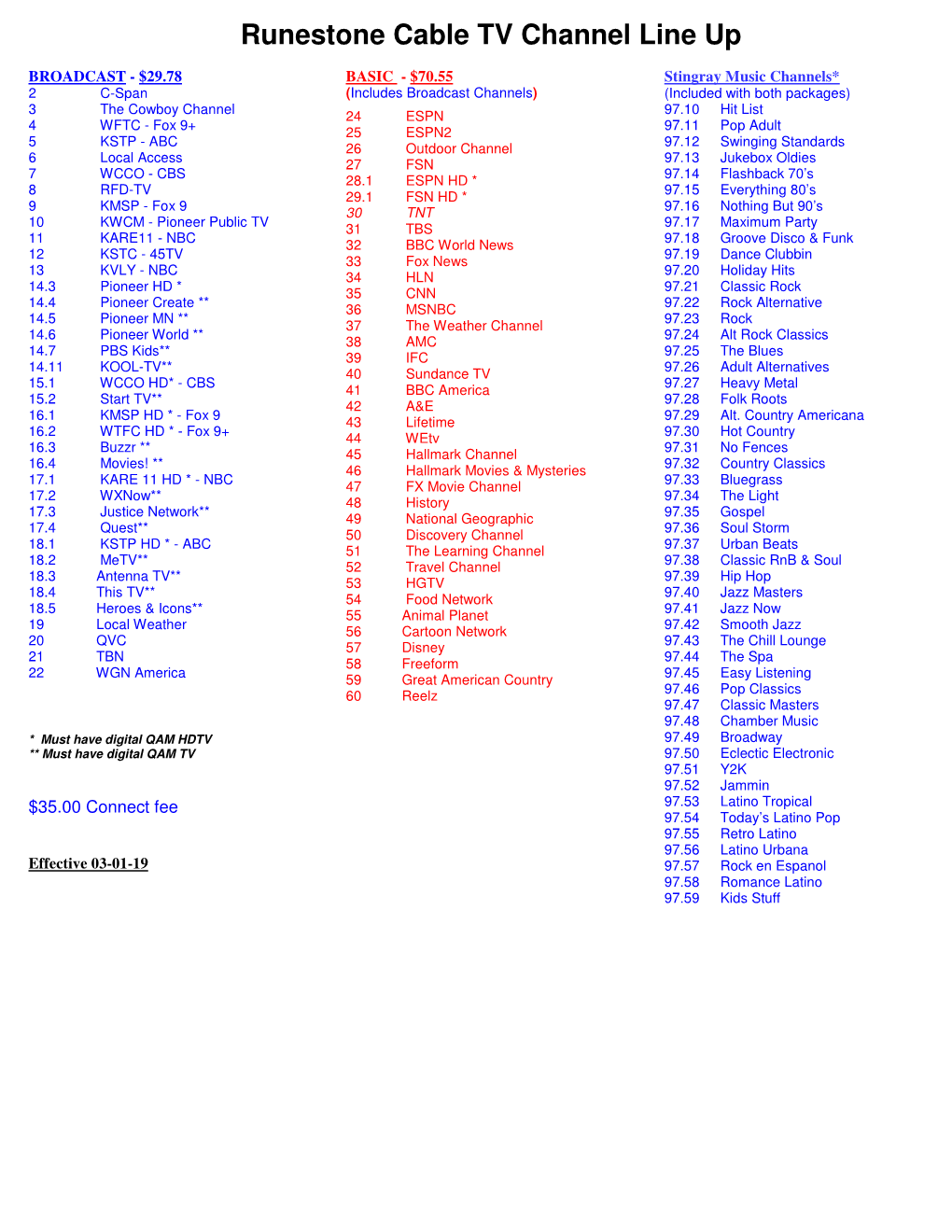 Runestone Cable TV Channel Line Up