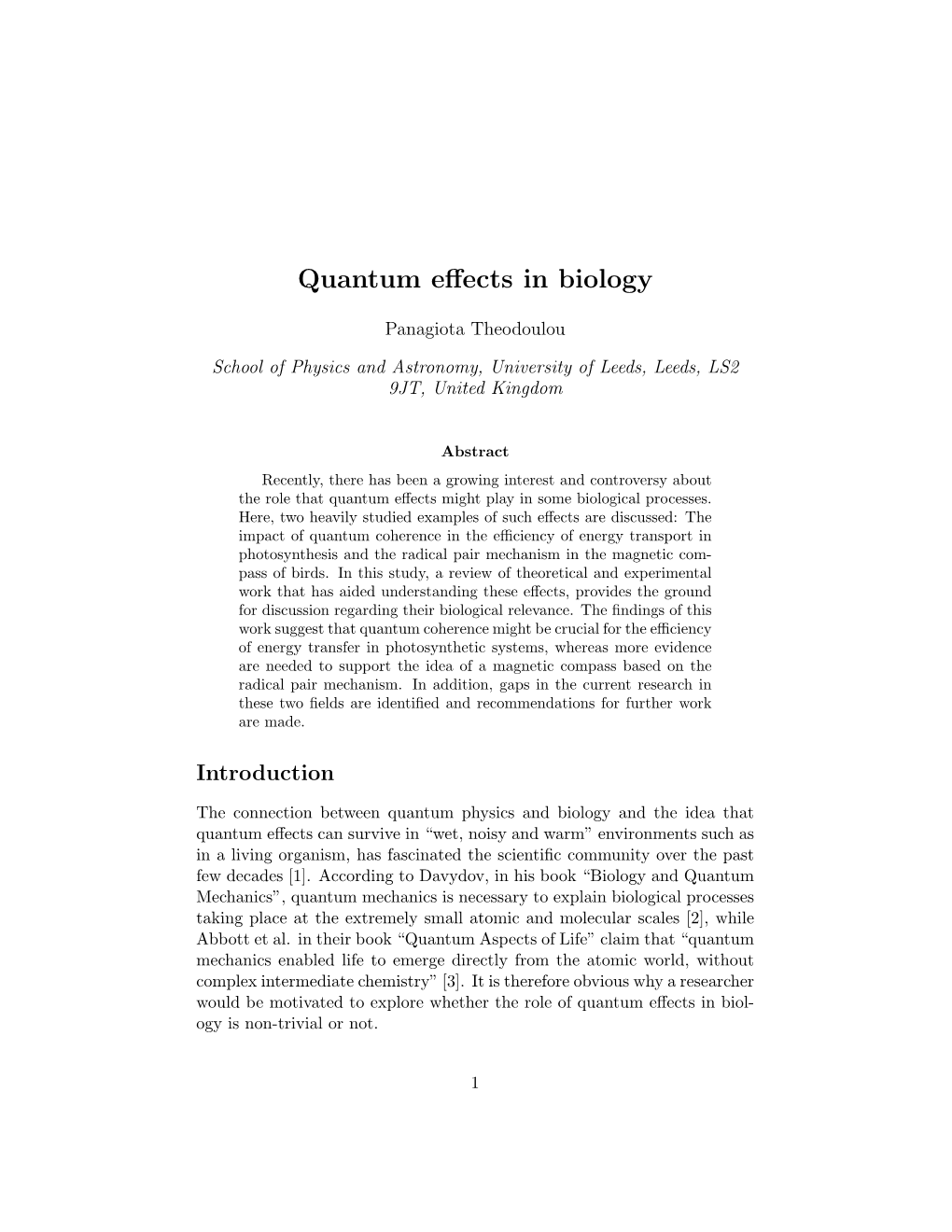 Quantum Effects in Biology