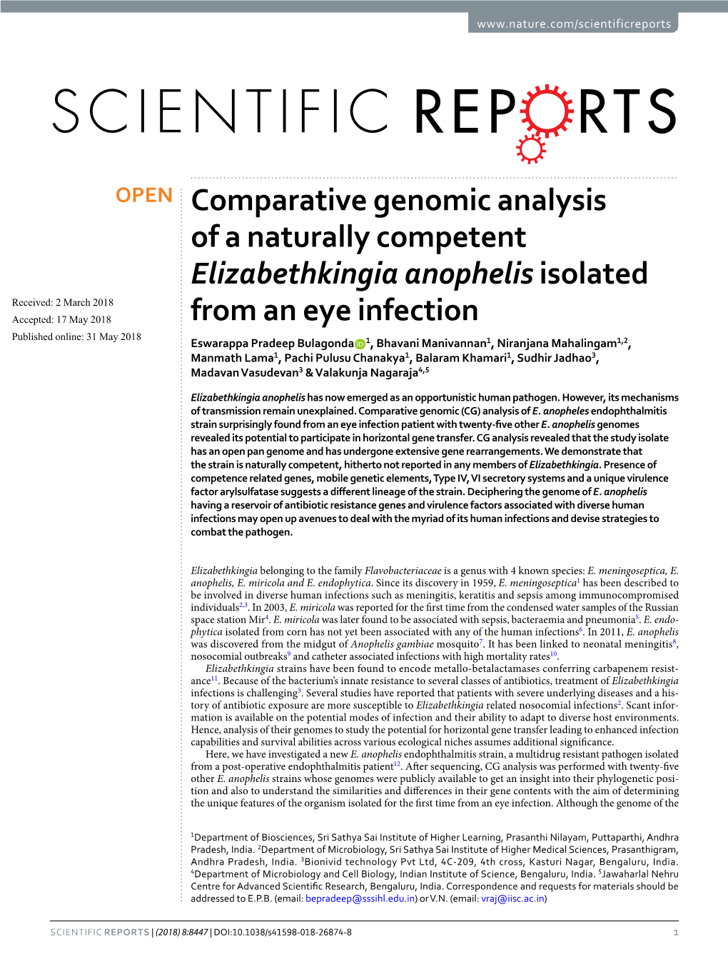 Comparative Genomic Analysis of a Naturally Competent Elizabethkingia Anophelis Isolated from an Eye Infection