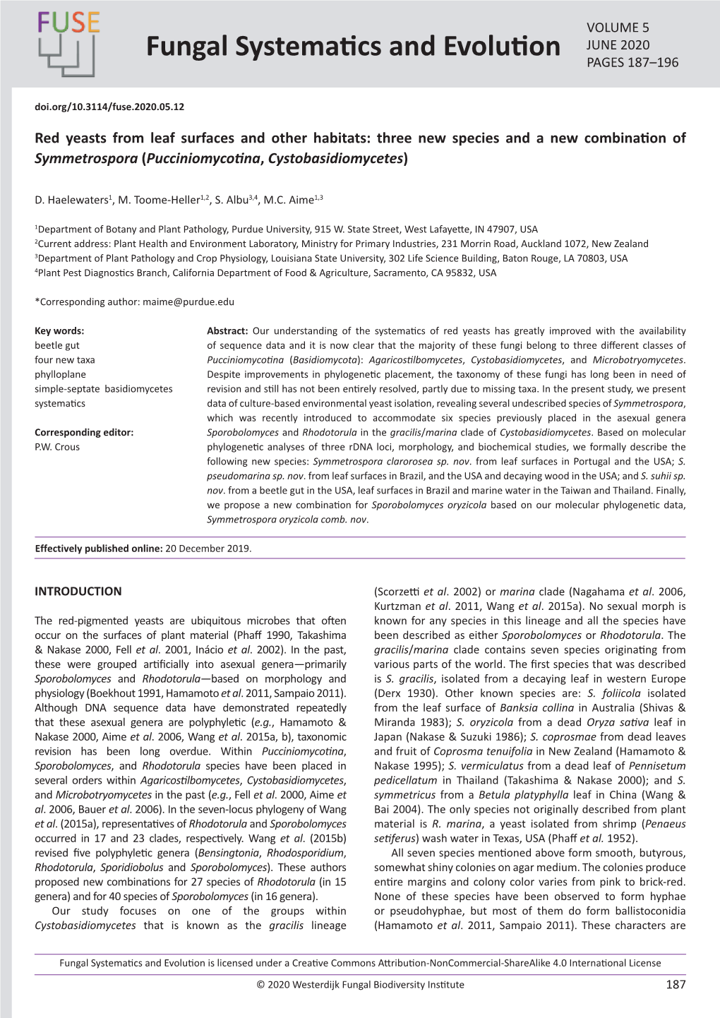 Fungal Systematics and Evolution PAGES 187–196