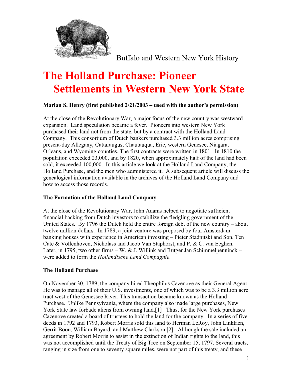 The Holland Purchase: Pioneer Settlements in Western New York State