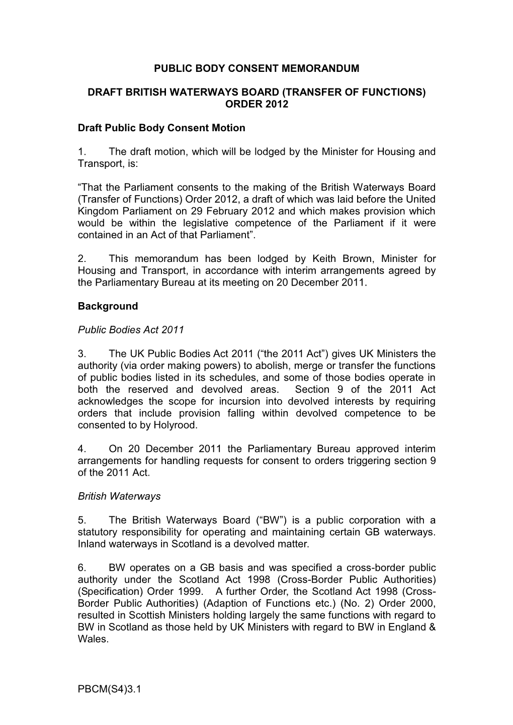 Draft British Waterways Board (Transfer of Functions) Order 2012