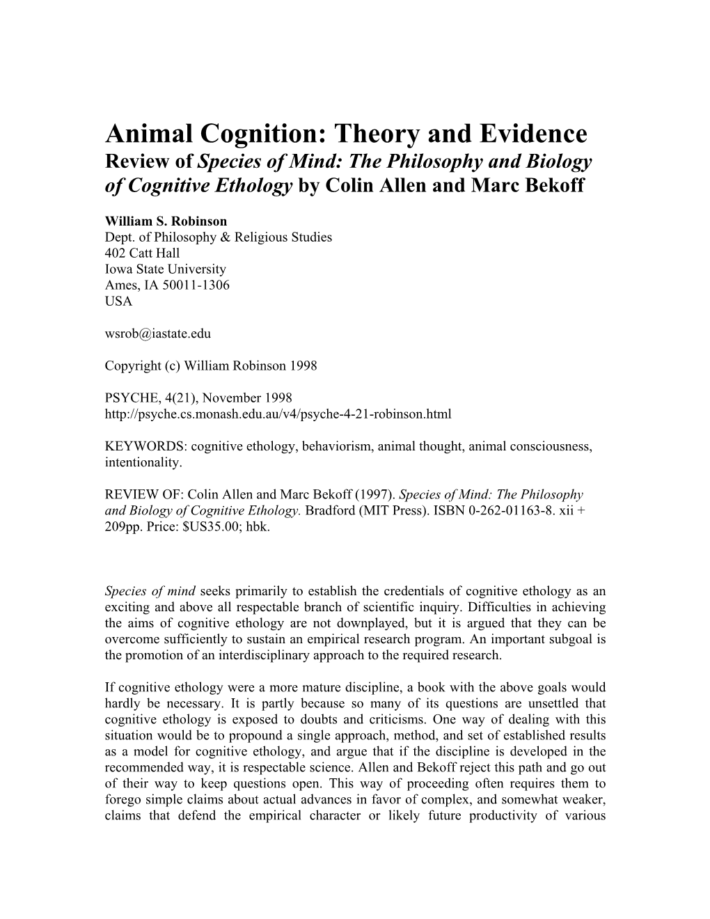 Animal Cognition: Theory and Evidence Review of Species of Mind: the Philosophy and Biology of Cognitive Ethology by Colin Allen and Marc Bekoff