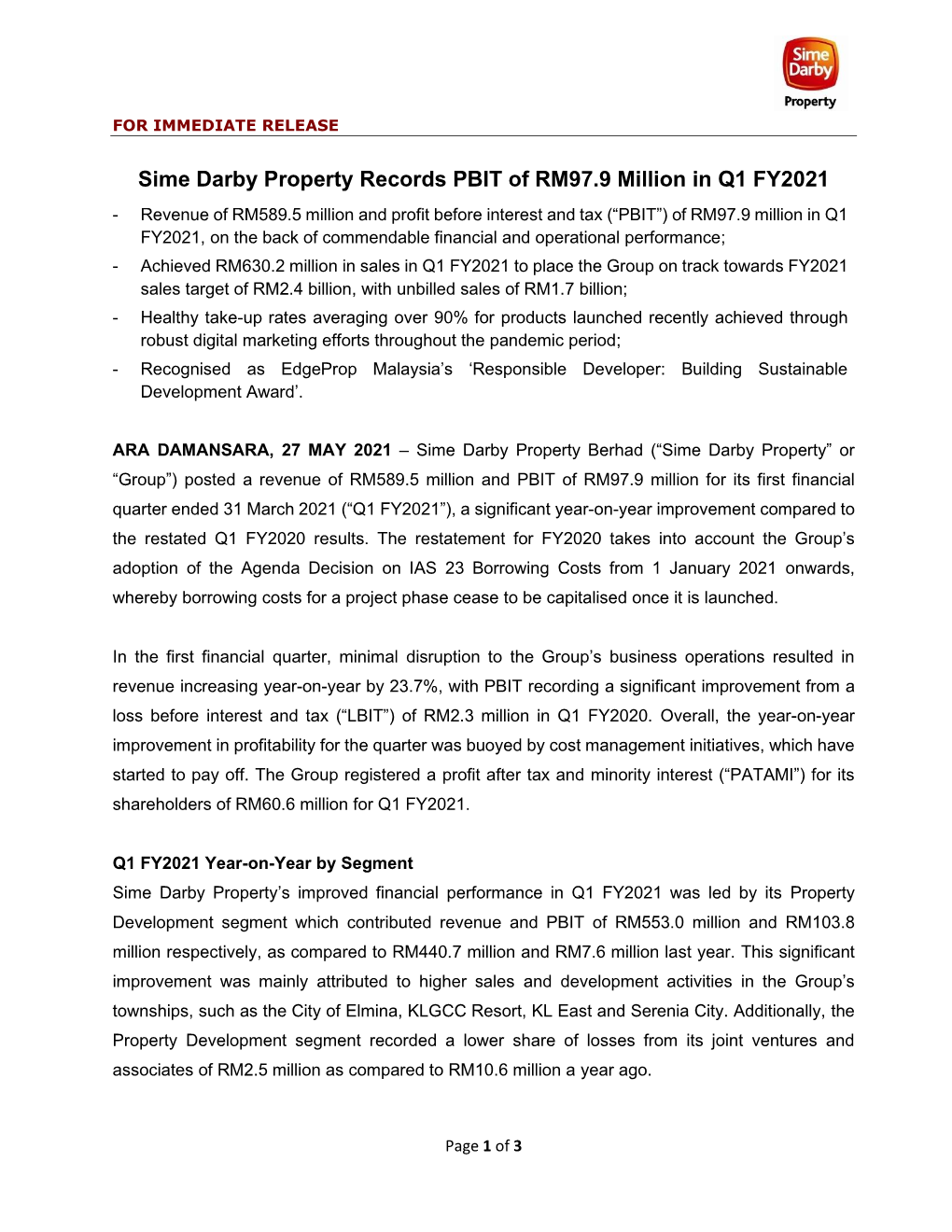 Sime Darby Property Records PBIT of RM97.9 Million in Q1 FY2021