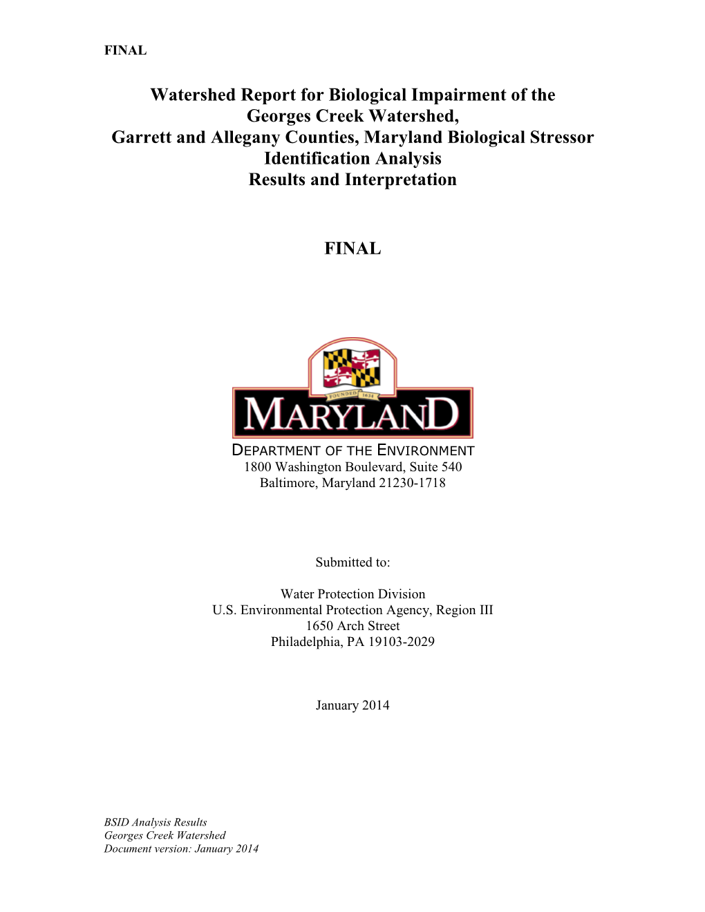 Georges Creek Watershed, Garrett and Allegany Counties, Maryland Biological Stressor Identification Analysis Results and Interpretation