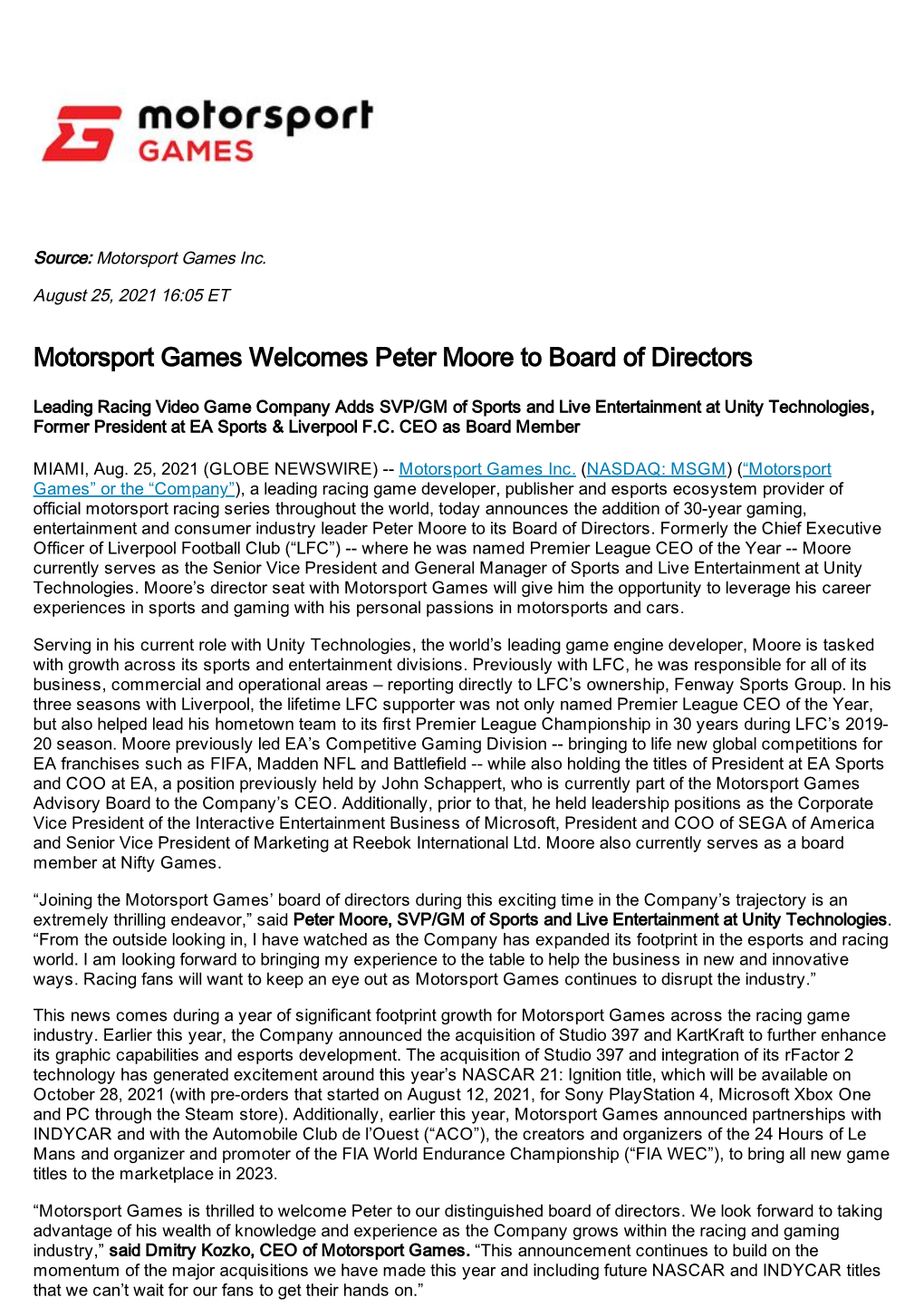Motorsport Games Welcomes Peter Moore to Board of Directors