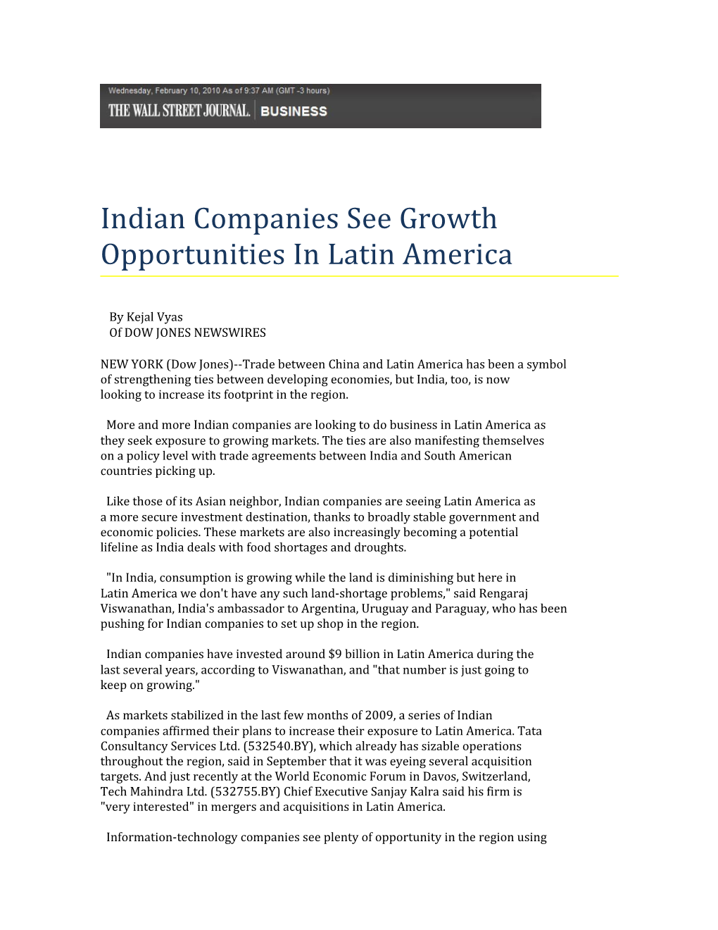 Indian Companies See Growth Opportunities in Latin America