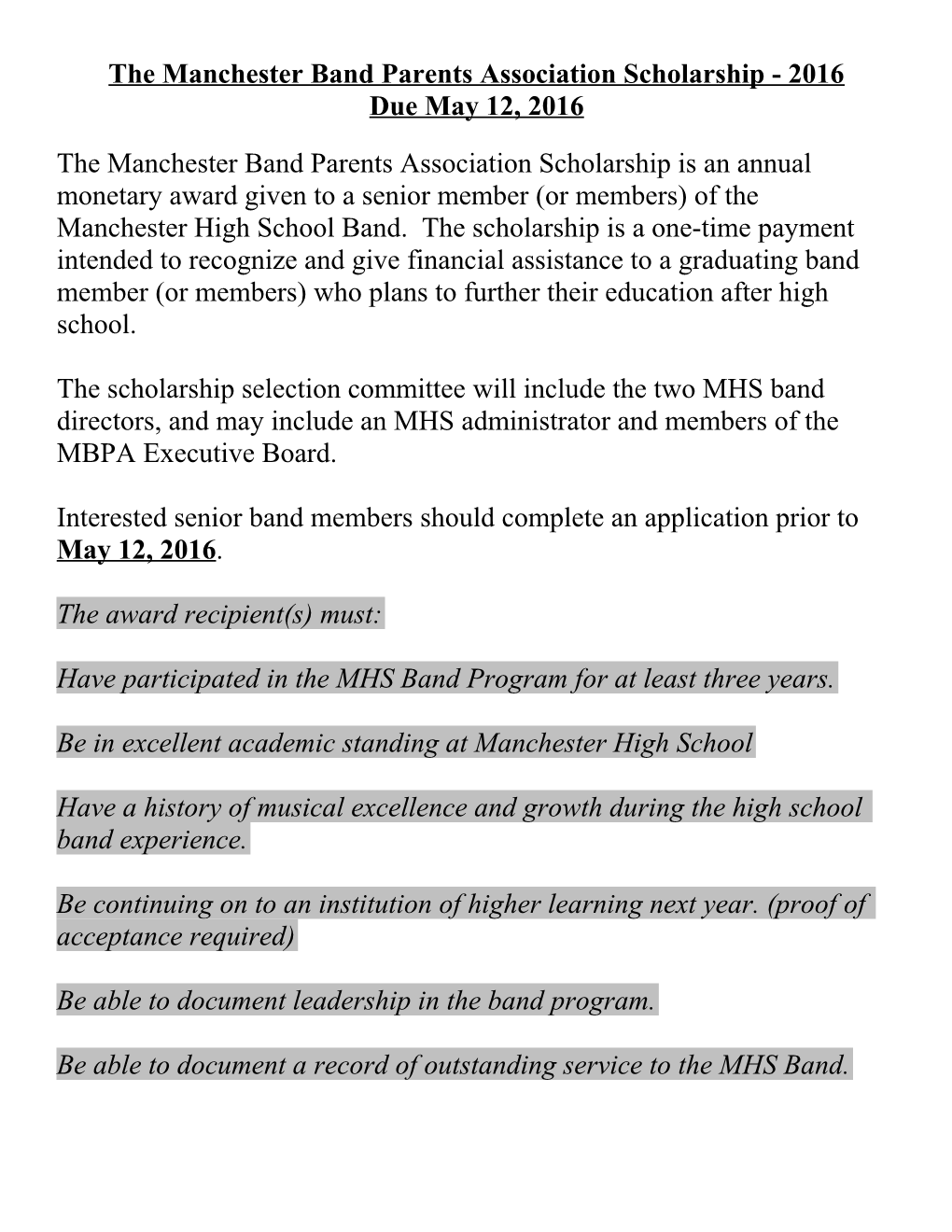 The Manchester Band Parents Association Scholarship