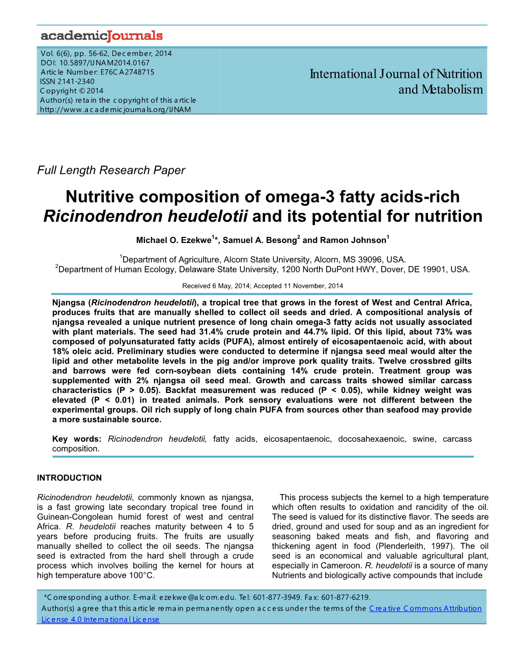 Nutritive Composition of Omega-3 Fatty Acids-Rich Ricinodendron Heudelotii and Its Potential for Nutrition