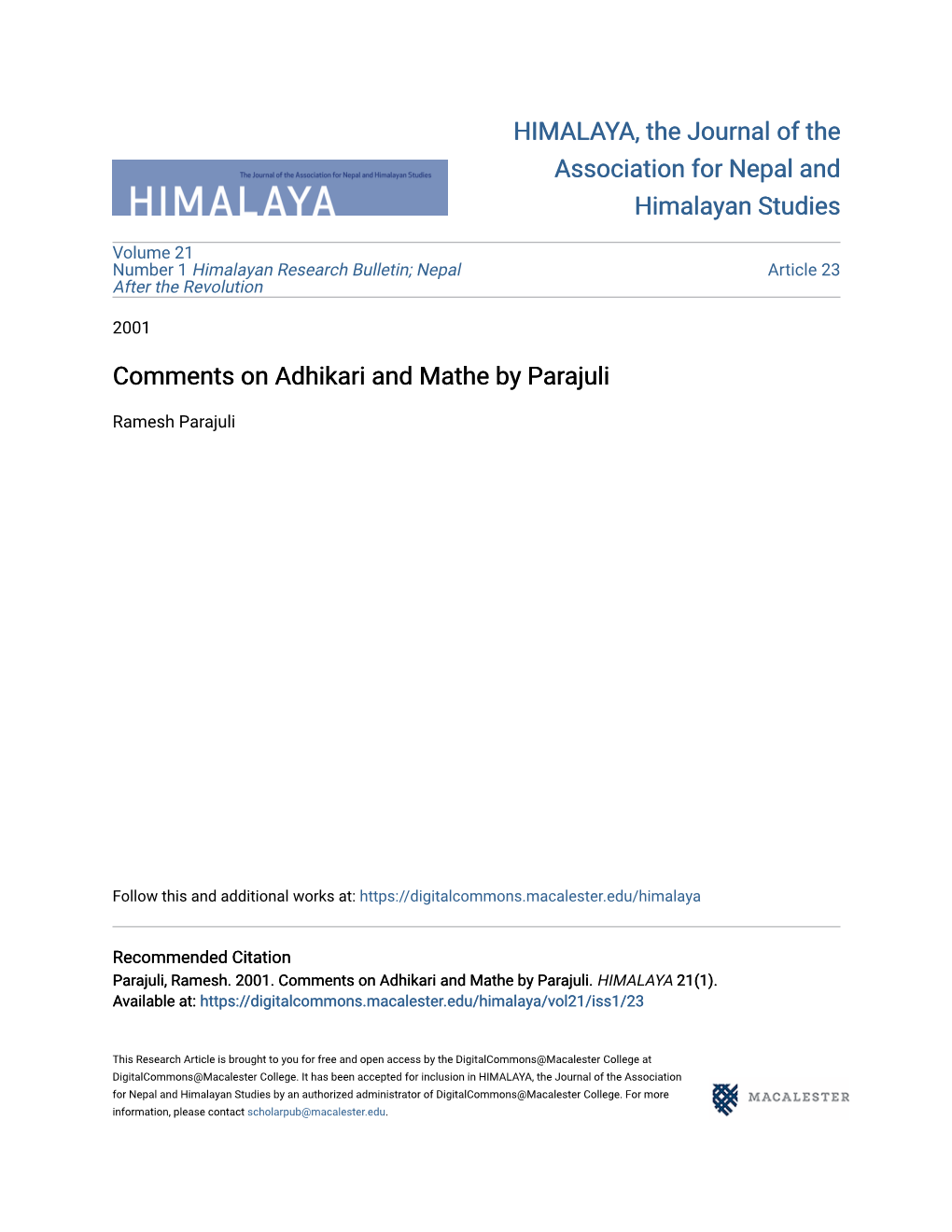 Comments on Adhikari and Mathe by Parajuli